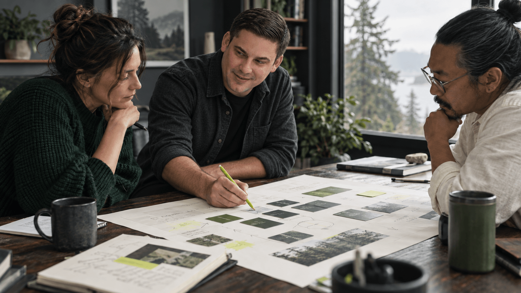 Illustrative scene of professionals reviewing a strategy map together